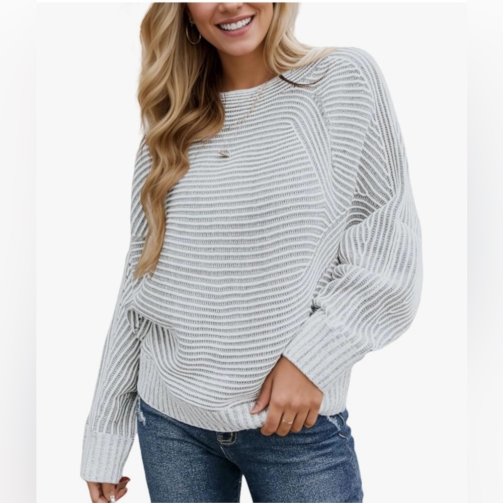 Striped Cream & Gray Batwing Sleeve Sweater SZ M
